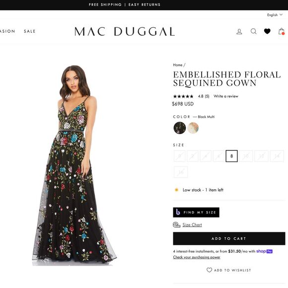NWT $698 Mac Duggal [ 8 ] V Neck‎ Embellished Floral Sequined Gown Black #G1635 - Picture 3 of 15